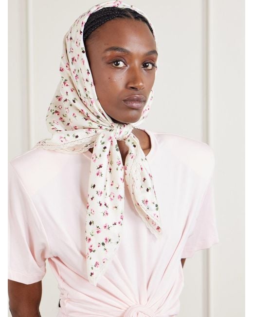 Magda Butrym Natural Lace-Trimmed Floral-Print Silk-Twill Scarf