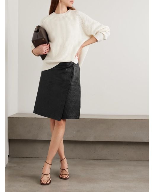 Loulou de Saison Black Gora Asymmetric Ostrich-Effect Leather Wrap Skirt