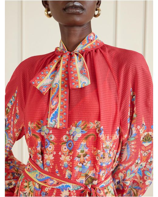 Etro Red Floral-Print Chiffon Midi Dress