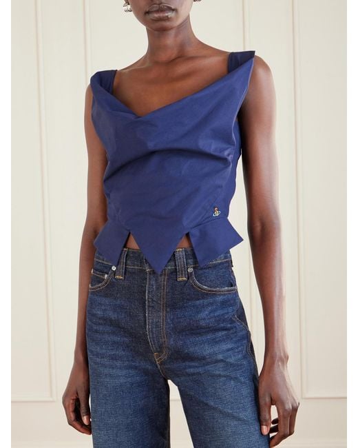 Vivienne Westwood Blue Sunday Draped Embroidered Cotton-Poplin Top