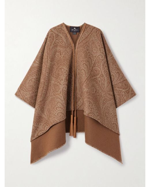 Etro Brown Leather-Trimmed Paisley-Print Wool-Blend Poncho