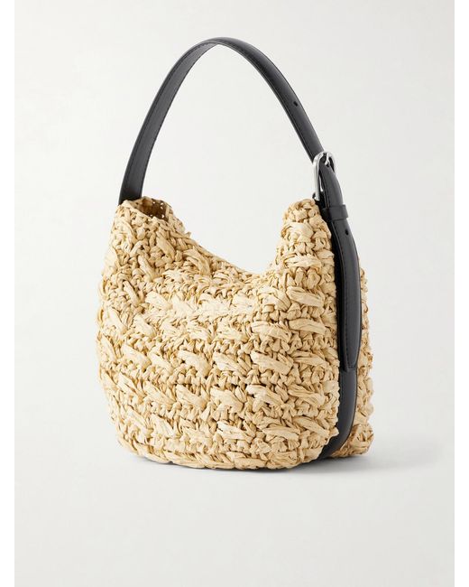 Totême  Natural Belted Small Leather-Trimmed Raffia Shoulder Bag