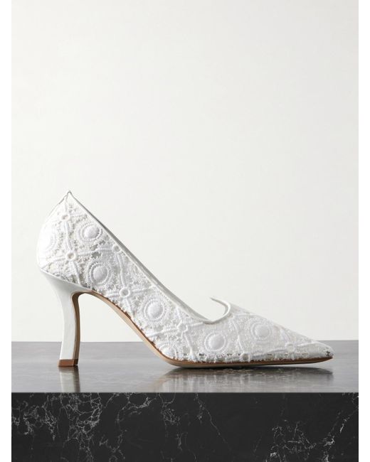 Manolo Blahnik Women's White Euridi 90 Leather-Trimmed Lace Pumps
