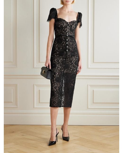 Self-Portrait Black Belted Embellished Cotton-Blend Lace Midi Dress