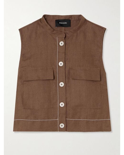 Bondi Born Brown Varenna Verkürzte Weste Aus Bioleinen Mit Fischgratmuster
