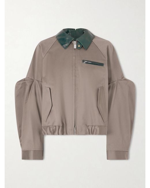 Sacai Gray Pleated Leather-Trimmed Cotton-Twill Jacket