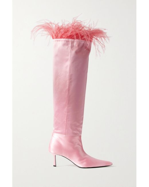 Alexander Wang Viola Feather-trimmed Satin Over-the-knee Boots in Pink ...