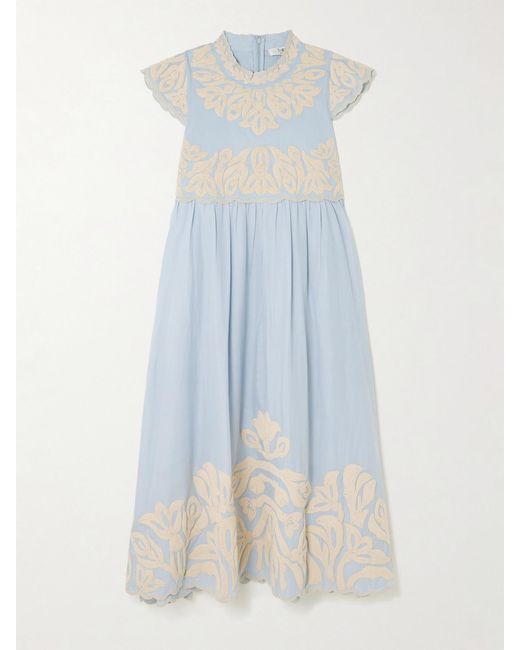 Sea Blue Alexandra Scalloped Embroidered Cotton Midi Dress