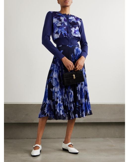 Erdem Blue Merino Wool And Floral-Print Satin Cardigan