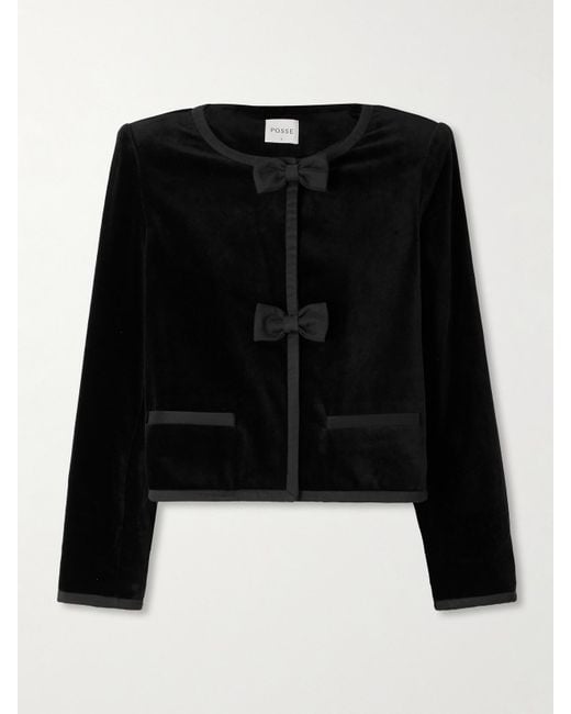 Posse Black Quincy Cropped Satin-Trimmed Cotton-Velvet Jacket