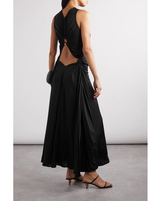 Bottega Veneta Black Cutout Embellished Gathered Satin-Jersey Maxi Dress