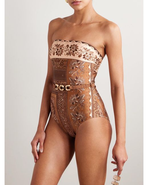 Zimmermann Brown Lucky Trägerloser Badeanzug Mit Print Und Gürtel