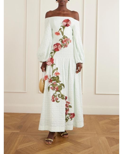 Agua Bendita White Senlis Off-The-Shoulder Floral-Appliqué Checked Linen Maxi Dress