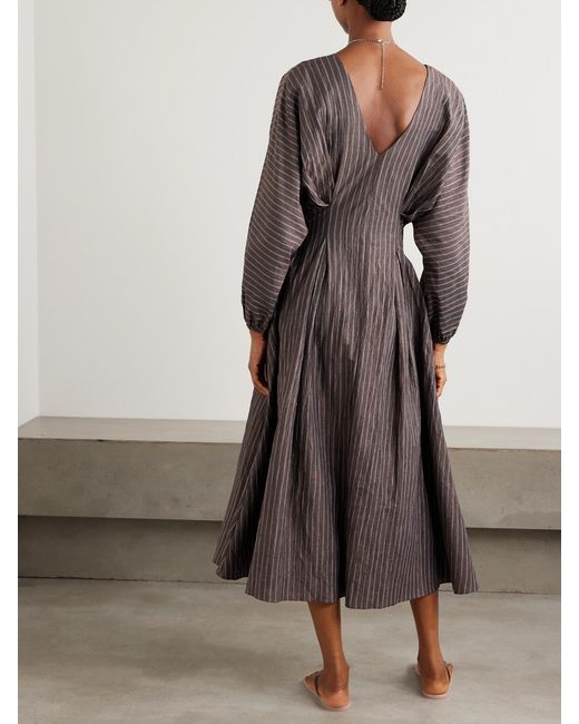 Abadia Purple Amaya Striped Pleated Linen-Blend Midi Dress