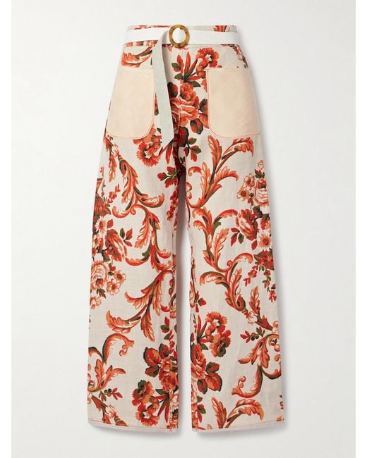 Thank You Have A Good Day White Cotton-Jacquard And Leather-Trimmed Floral-Print Cotton-Canvas Wide-Leg Pants