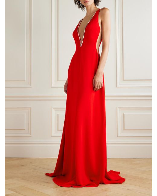 Stella McCartney Red Cape-Effect Tulle-Trimmed Crystal-Embellished Crepe Gown