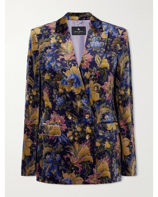 Etro Blue Double-Breasted Floral-Print Stretch-Cotton Velvet Blazer