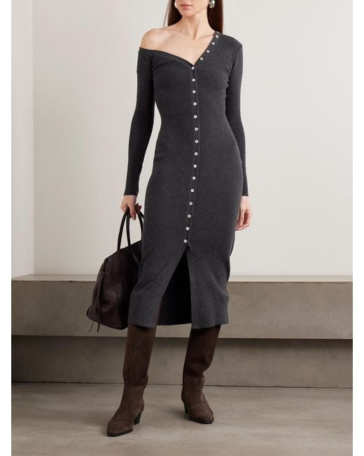 Staud Black Craftsman Off-The-Shoulder Ribbed Cotton And Wool-Blend Midi Dress