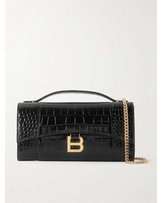 Balenciaga Black Hourglass Croc-Effect Patent-Leather Shoulder Bag