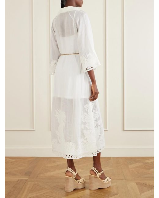 Zimmermann White Indra Embroidered Belted Ramie Maxi Dress