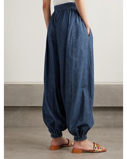 Valentino Garavani Blue Tasseled Embroidered Chambray Tapered Pants