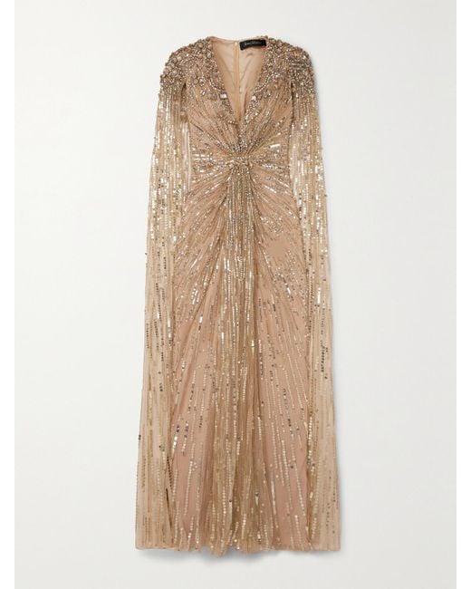 Jenny Packham Natural Lotus Cape-effect Embellished Tulle Gown