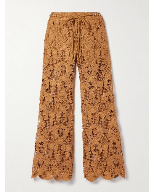 Zimmermann Brown Coco Belted Guipure Lace Cotton Flared Pants