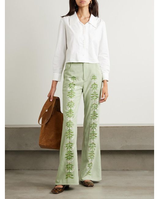 Alix Of Bohemia Green Charlie Embroidered Slubbed Silk Flared Pants