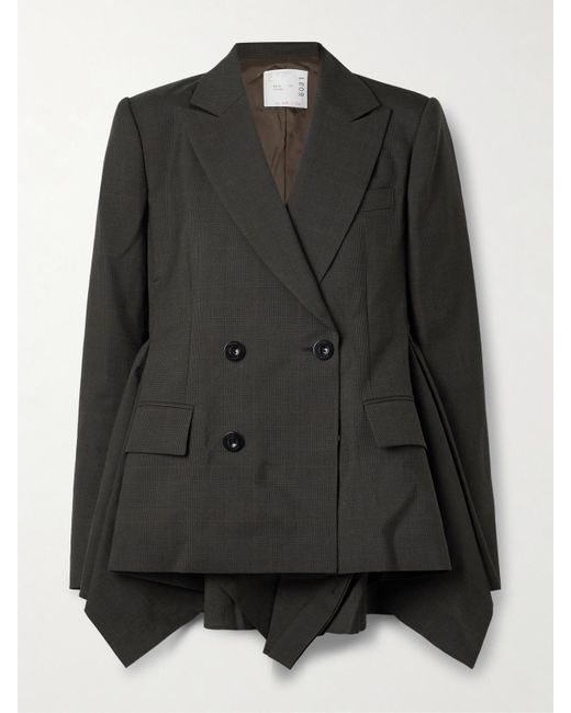 Sacai Black Glen Doppelreihiger Blazer Aus Wolle Mit Glencheck-Muster Und Raffungen