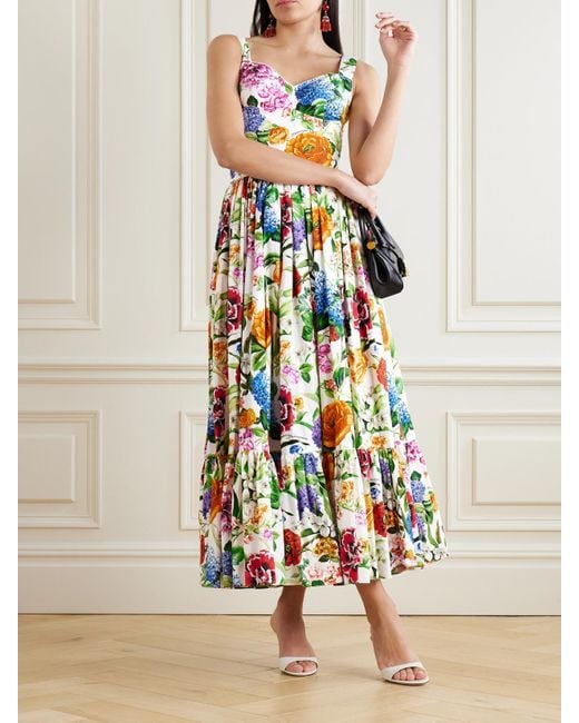 Dolce & Gabbana White Tiered Pleated Floral-Print Cotton-Poplin Midi Dress
