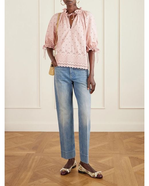 Valentino Garavani Pink Tie-Detailed Gathered Broderie Anglaise Cotton Blouse