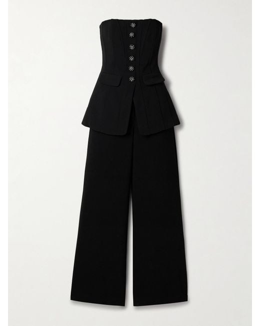 Self-Portrait Black Wandelbarer, Trägerloser Jumpsuit Aus Crêpe Mit Schößchen Und Kristallen