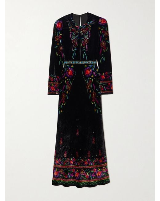 Saloni Black Claudia Twisted Embellished Printed Velvet Midi Dress