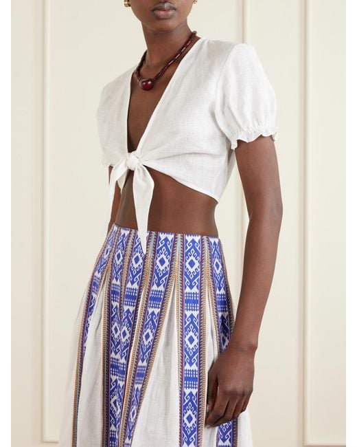 Emporio Sirenuse White Poppy Knotted Linen Cropped Top