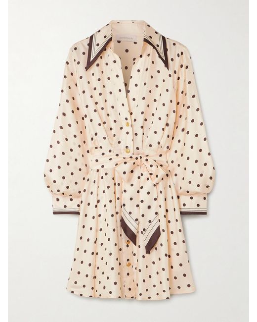 Zimmermann Natural Belted Polka-Dot Silk-Satin Mini Shirt Dress