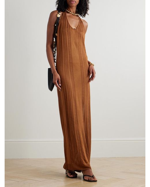 Donde Esteban Brown Guayabera Pointelle-Knit Maxi Dress