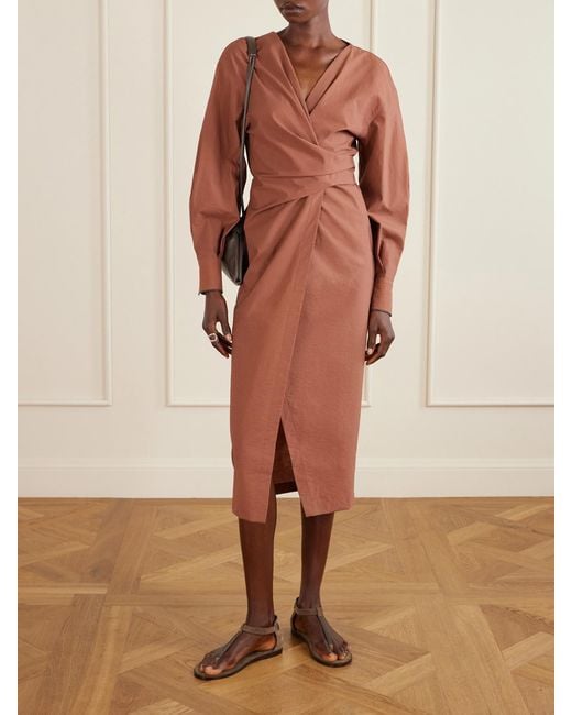 Brunello Cucinelli Brown Embellished Cotton-Blend Midi Wrap Dress
