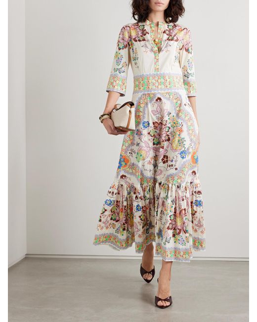 Etro White Midikleid Aus Popeline Aus Einer Baumwollmischung Mit Blumenprint Und Raffungen