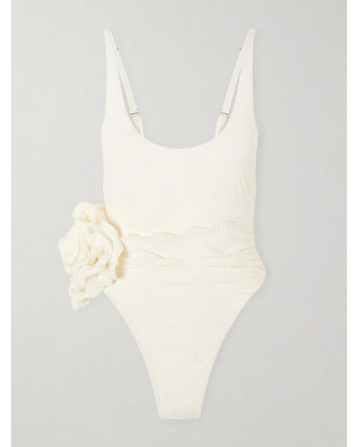 Magda Butrym White Embellished Lace-Trimmed Swimsuit