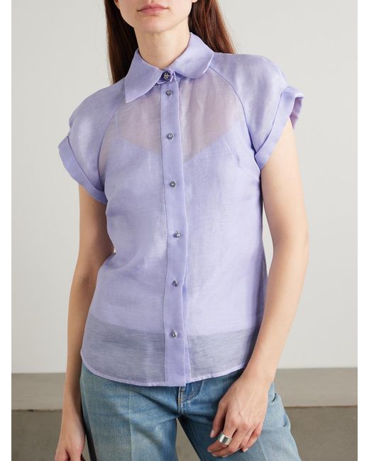 Zimmermann Purple Crush Pussy-Bow Crystal-Embellished Linen And Silk-Blend Organza Shirt