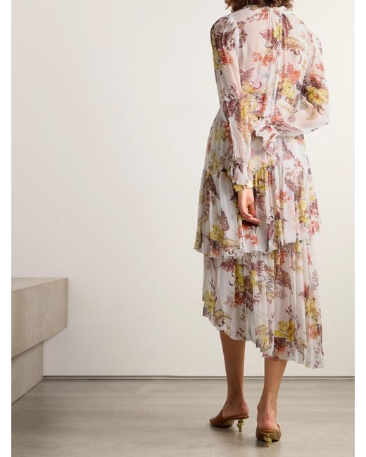 Zimmermann White Net Sustain Matchmaker Asymmetric Floral-Print Chiffon Midi Dress