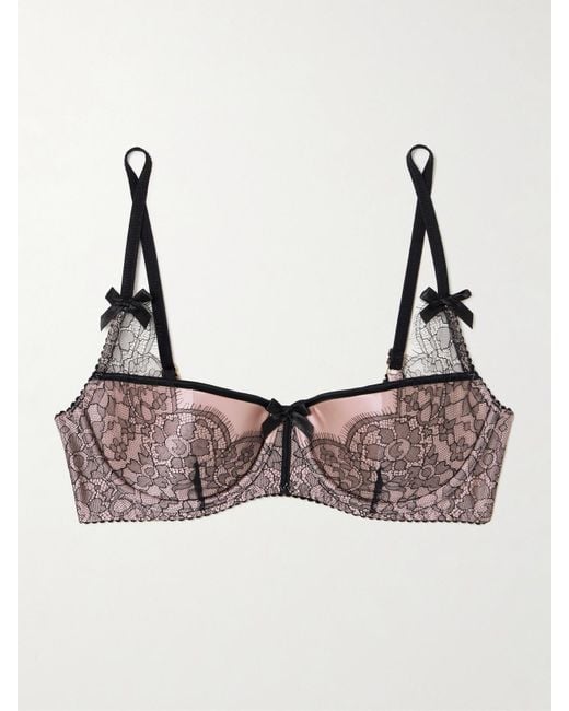 Agent Provocateur Natural Sammi Bow-Embellished Leavers Lace-Trimmed Stretch Silk-Satin Underwired Balconette Bra