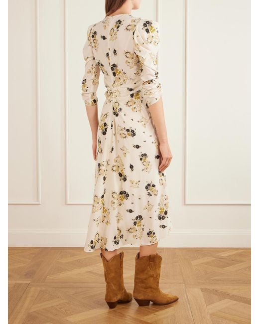 Isabel Marant Natural Albini Gathered Printed Silk-Blend Midi Dress