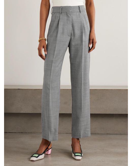 Blazé Milano Gray Fox Pleated Houndstooth Wool-Twill Straight-Leg Pants