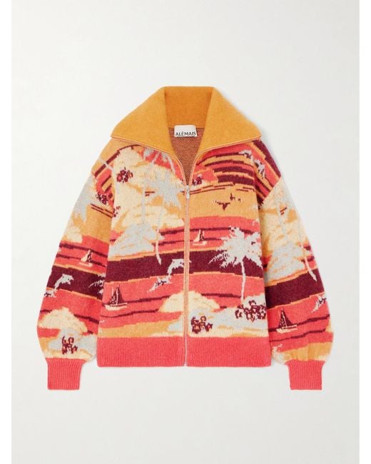 ALÉMAIS Red Palm Island Jacquard-Knit Cardigan