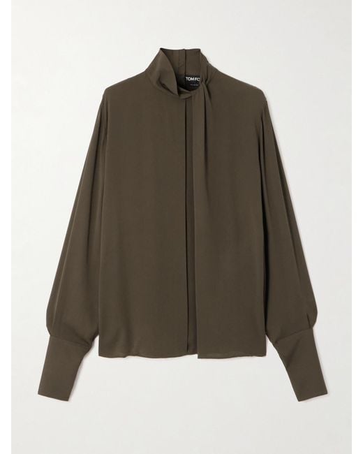 Tom Ford Green Cutout Draped Pleated Silk-Georgette Blouse