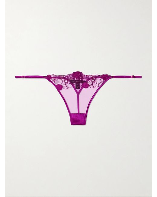 Kiki de Montparnasse Purple Satin-Trimmed Appliquéd Embroidered Tulle Thong
