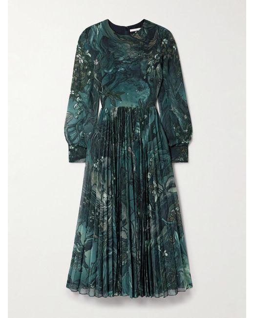 Jason Wu Green Printed Plissé-Chiffon Midi Dress