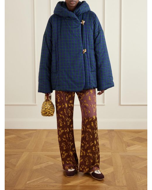 Dries Van Noten Blue Hooded Checked Padded Cotton-Flannel Jacket