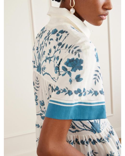 Erdem Blue Floral-Print Cotton And Linen-Blend Midi Dress